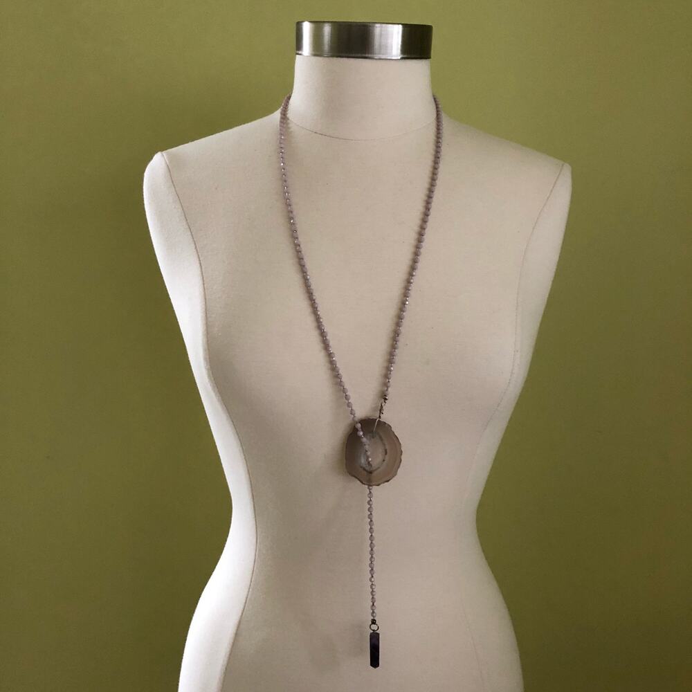Lavender Geode Pendant Crystal Bead Lariat Necklace Boho Festival Handmade